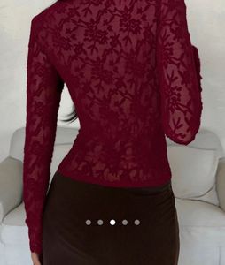 Red Sheer Lace V-Neck Long Sleeve  Top