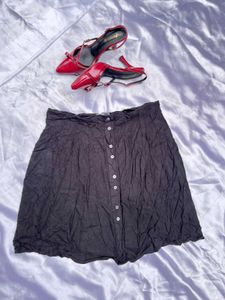 Black Textured Button-Up Skirt