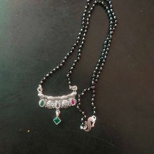 PureSilver Single Line Green&amp;Pink Stone Mangalsutr