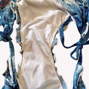 Denim Print Ruffled Bikini Bottoms