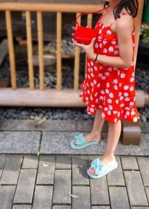 Cute Red Strawberry Print Dress with Heart Bag