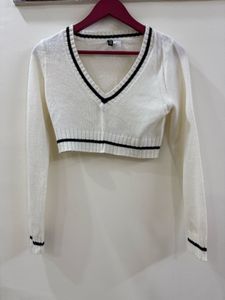 White Knit Sweater with Black Trim