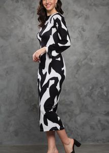 Abstract Print Long Sleeve Midi Dress