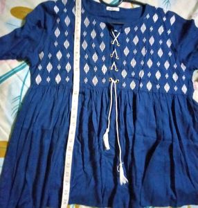 Navy Blue  White Embodeiry Design Tops(Long Shoulder)