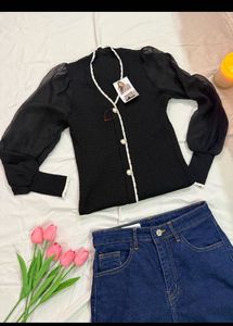 Chic Black Sheer Sleeve Knit Top
