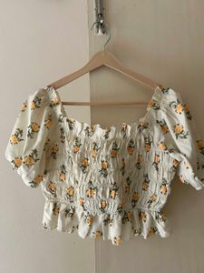Floral Print Puff Sleeves Cinched Waist Crop Top