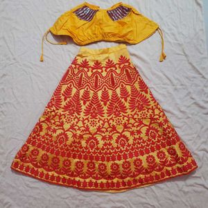 Yellow & Red Embroidered Lehenga Set
