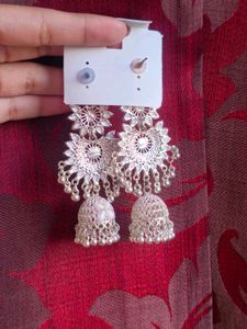 White &amp; Silver Jhumka Earrings