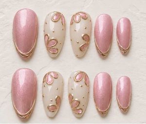 Handmade Cateye Elegant Pink & Gold Flower nails