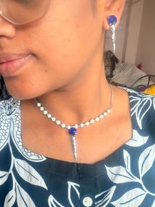 Anti-turnish Pearl Necklace &amp; Blue Stone Earrings