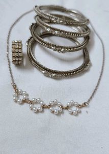 Elegant Pearl chain &silver bengles 4with Ring