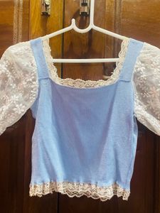 Blue Puff Sleeve Lace Crop Top