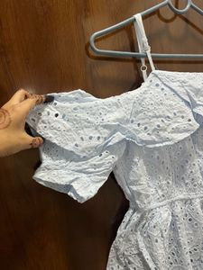 Light Blue Eyelet Cold-Shoulder Korean Dress