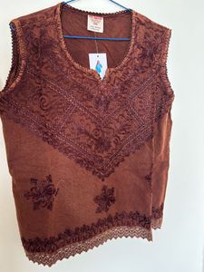 Embroidered Brown Sleeveless Kurta Top