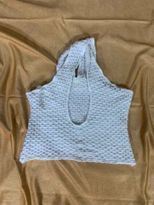 White Textured Halter Neck Crop Top