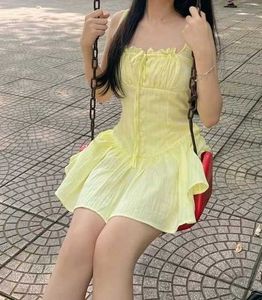 y2k Cute Yellow Ruffle Mini Dress