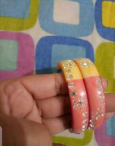 Sparkly Pink &amp; Yellowish, Cream Colour Chura Set💛