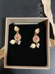 Elegant Pearl & Pink Stone Dangle Earrings
