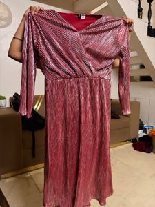 Metallic Pleated V-Neck Dress