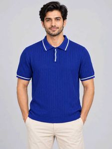 Men's Blue Cable Knit Polo Shirt