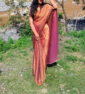 Elegant Purple &amp; Gold Saree with stitched blouse