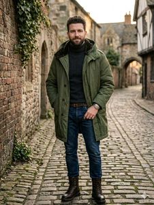 Men's Olive Green Military Parka Jacket - Heavy Wi