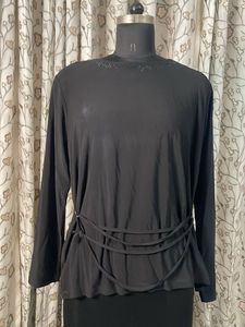 Chic Black Long Sleeve Top with Decorative Tie Det