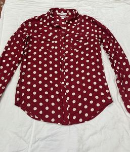 girls Maroon shirt white Polka Dot Button-Up