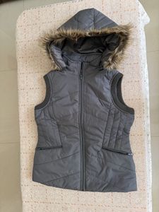 Puffer Vest with Fur Hood in y2k style