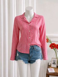 🩷 Pink & White Striped Button-Up shirt