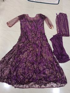Elegant Purple Anarkali gown With Dupatta And Pent