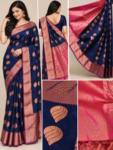 (No blouse) Elegant Blue & Red Silk Saree