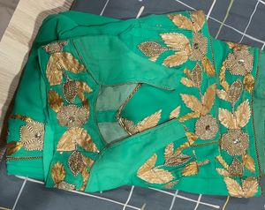 Chiffon Saree With Patch Work On Border And Center Stitched Blouse