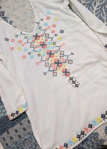 White Kurta with Colorful Embroidery