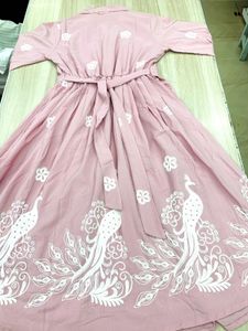 Charming Pink Peacock Print Midi Dress