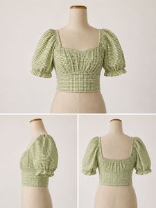 Chic Green Gingham Puff Sleeve Crop Top