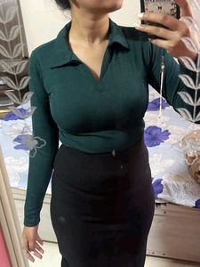 Green Ribbed Polo Long Sleeve Top AndPink To