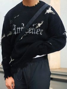 Distressed Oversized Black Knit Sweater