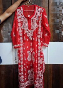 Red Chikankari Kurti Set With Sharara