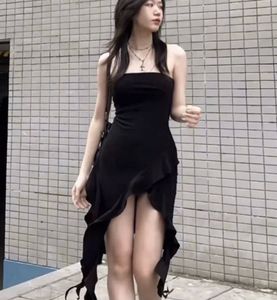 Black Asymmetrical Waterfall Hem Tube Dress