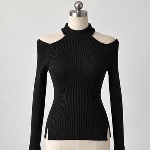 Black Ribbed Cold Shoulder Turtleneck Top