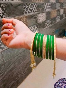 Elegant Green &amp; Gold Bangles with Pearl Dangles