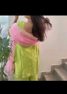 Stylish Lime Green Kurta Set with Pink Dupatta