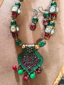 Green &amp; Red Beaded Necklace with Earrings