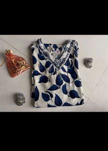 White Kurta with Blue Leaf Print