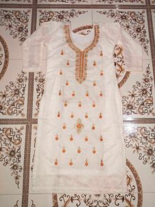 Elegant White and Orange Embroidered Suit Set