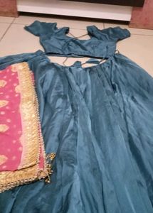Teal Blue Lehenga Choli with Pink Dupatta