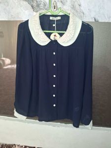 Navy Blue Blouse with Lace Collar