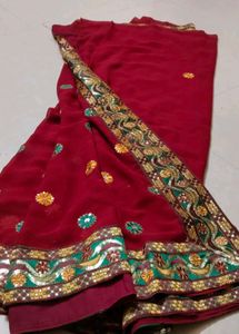 Embellished Red Velvet Saree