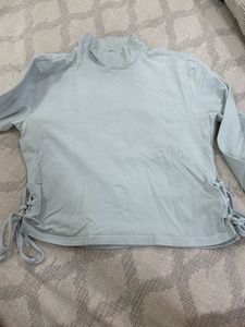 Light Blue Mock Neck Tie Detail Top
